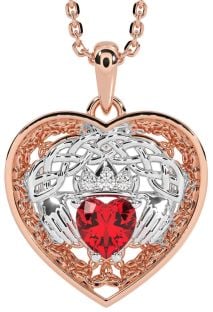 Diamond Ruby White Rose Gold Celtic Claddagh Trinity Knot Heart Necklace