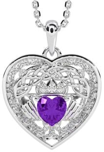 Diamond Amethyst Silver Celtic Claddagh Trinity Knot Heart Necklace