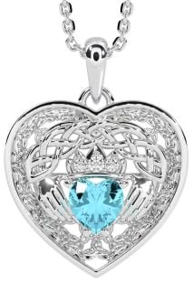 Diamond Aquamarine Silver Celtic Claddagh Trinity Knot Heart Necklace