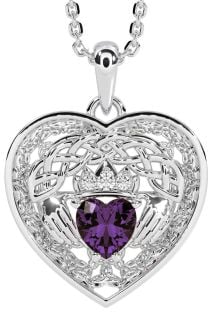 Diamond Alexandrite Silver Celtic Claddagh Trinity Knot Heart Necklace