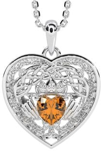 Diamond Citrine Silver Celtic Claddagh Trinity Knot Heart Necklace