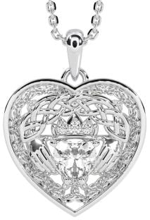 Diamond Silver Celtic Claddagh Trinity Knot Heart Necklace