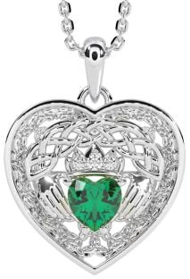 Diamant Smaragd Silver Keltiskt Claddagh Treenighet Knut Hjärta Halsband