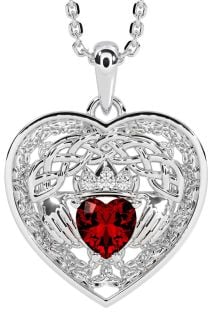 Diamond Garnet Silver Celtic Claddagh Trinity Knot Heart Necklace