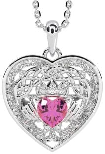 Diamond Pink Tourmaline Silver Celtic Claddagh Trinity Knot Heart Necklace