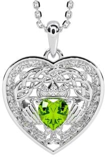 Diamond Peridot Silver Celtic Claddagh Trinity Knot Heart Necklace