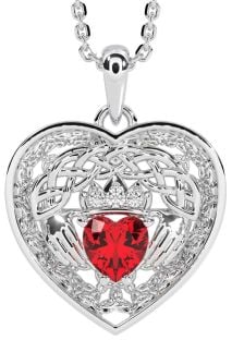 Diamond Ruby Silver Celtic Claddagh Trinity Knot Heart Necklace