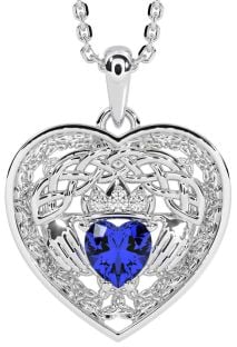 Diamond Sapphire Silver Celtic Claddagh Trinity Knot Heart Necklace