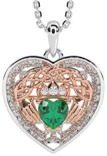 Diamond Emerald Rose Gold Silver Celtic Claddagh Trinity Knot Heart Necklace