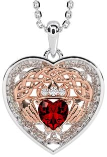 Diamond Garnet Rose Gold Silver Celtic Claddagh Trinity Knot Heart Necklace