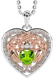 Diamond Peridot Rose Gold Silver Celtic Claddagh Trinity Knot Heart Necklace