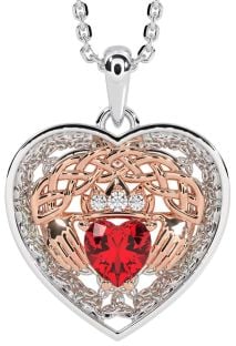 Diamond Ruby Rose Gold Silver Celtic Claddagh Trinity Knot Heart Necklace