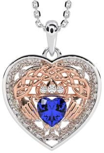 Diamond Sapphire Rose Gold Silver Celtic Claddagh Trinity Knot Heart Necklace