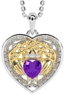 Diamond Amethyst Gold Silver Celtic Claddagh Trinity Knot Heart Necklace