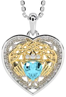 Diamond Aquamarine Gold Silver Celtic Claddagh Trinity Knot Heart Necklace