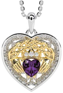 Diamond Alexandrite Gold Silver Celtic Claddagh Trinity Knot Heart Necklace