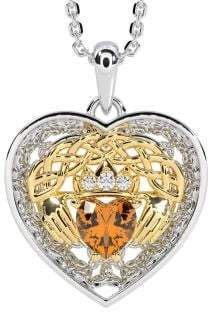 Diamond Citrine Gold Silver Celtic Claddagh Trinity Knot Heart Necklace