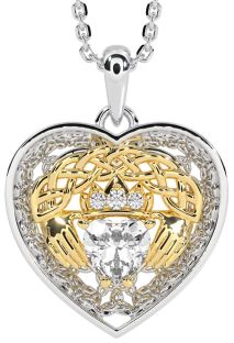 Diamond Gold Silver Celtic Claddagh Trinity Knot Heart Necklace