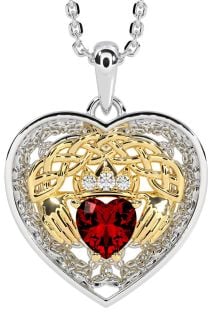 Diamond Garnet Gold Silver Celtic Claddagh Trinity Knot Heart Necklace