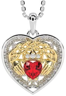 Diamond Ruby Gold Silver Celtic Claddagh Trinity Knot Heart Necklace