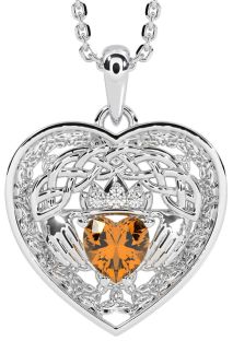 Diamond Citrine White Gold Celtic Claddagh Trinity Knot Heart Necklace