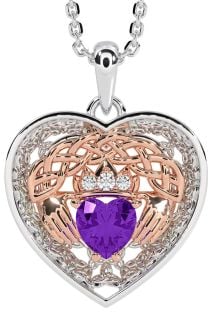 Diamond Amethyst White Rose Gold Celtic Claddagh Trinity Knot Heart Necklace