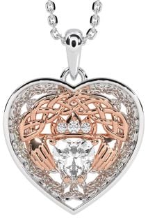 Diamond White Rose Gold Celtic Claddagh Trinity Knot Heart Necklace