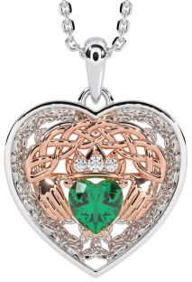 Diamond Emerald White Rose Gold Celtic Claddagh Trinity Knot Heart Necklace