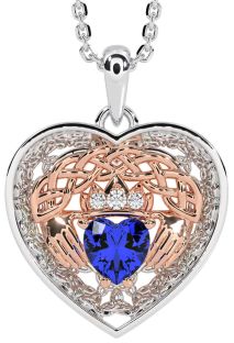 Diamond Sapphire White Rose Gold Celtic Claddagh Trinity Knot Heart Necklace