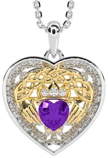 Diamond Amethyst White Yellow Gold Celtic Claddagh Trinity Knot Heart Necklace