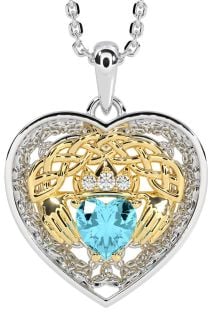 Diamond Aquamarine White Yellow Gold Celtic Claddagh Trinity Knot Heart Necklace