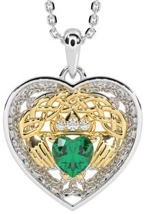 Diamond Emerald White Yellow Gold Celtic Claddagh Trinity Knot Heart Necklace