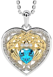 Diamond Topaz White Yellow Gold Celtic Claddagh Trinity Knot Heart Necklace