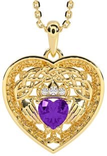 Diamond Amethyst Gold Celtic Claddagh Trinity Knot Heart Necklace