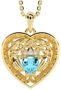 Diamond Aquamarine Gold Celtic Claddagh Trinity Knot Heart Necklace