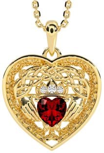 Diamond Garnet Gold Celtic Claddagh Trinity Knot Heart Necklace