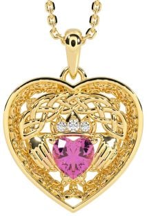 Diamond Pink Tourmaline Gold Celtic Claddagh Trinity Knot Heart Necklace