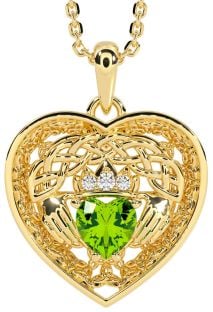 Diamond Peridot Gold Celtic Claddagh Trinity Knot Heart Necklace