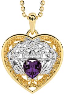 Diamond Alexandrite White Yellow Gold Celtic Claddagh Trinity Knot Heart Necklace