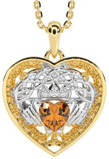 Diamond Citrine White Yellow Gold Celtic Claddagh Trinity Knot Heart Necklace