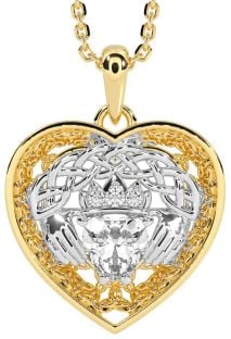 Diamond White Yellow Gold Celtic Claddagh Trinity Knot Heart Necklace