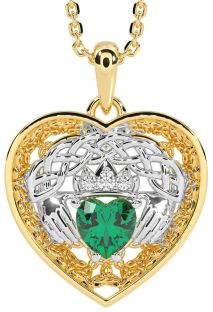 Diamond Emerald White Yellow Gold Celtic Claddagh Trinity Knot Heart Necklace