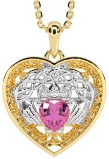 Diamond Pink Tourmaline White Yellow Gold Celtic Claddagh Trinity Knot Heart Necklace