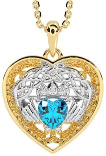 Diamond Topaz White Yellow Gold Celtic Claddagh Trinity Knot Heart Necklace