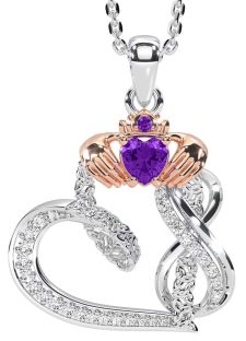 Diamond Amethyst Rose Gold Silver Claddagh Infinity Trinity knot Necklace