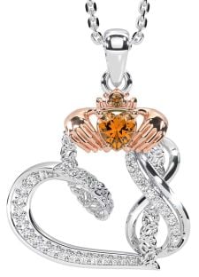 Diamond Citrine Rose Gold Silver Claddagh Infinity Trinity knot Necklace