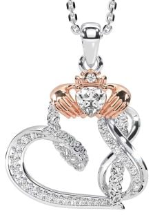 Diamond Rose Gold Silver Claddagh Infinity Trinity knot Necklace