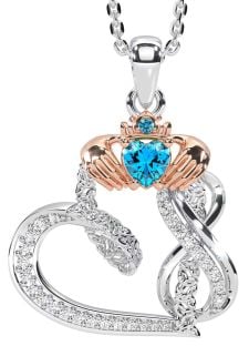 Diamond Topaz Rose Gold Silver Claddagh Infinity Trinity knot Necklace