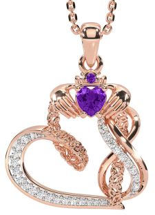 Diamond Amethyst Rose Gold Silver Claddagh Infinity Trinity knot Necklace