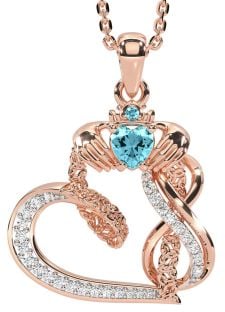 Diamond Aquamarine Rose Gold Silver Claddagh Infinity Trinity knot Necklace